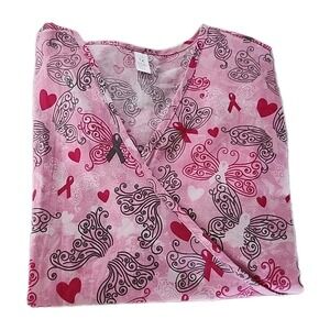 Pink White Butterflies Cotton Blend Scrub Top V-neck Tie Back 2-Pockets 1X EUC